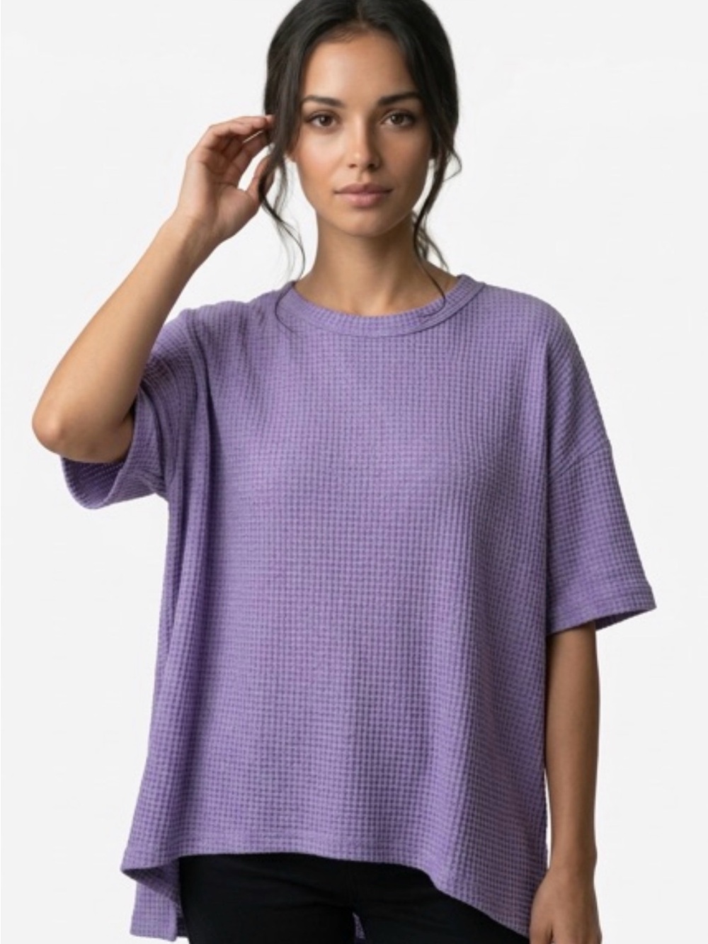 Relaxed Waffle-Knit Short Sleeve Top - Purple oversized it would fit a large, xl